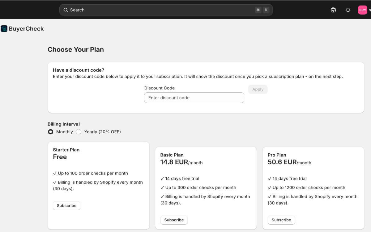 BuyerCheck Billing екран