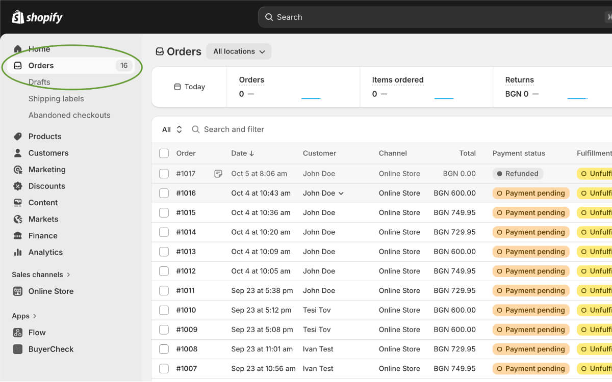 Shopify Admin — отворена поръчка