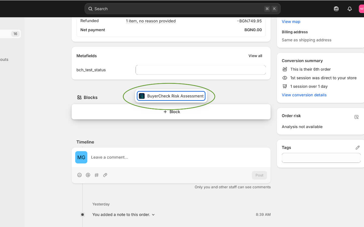 Shopify Admin — BuyerCheck Risk Assessment